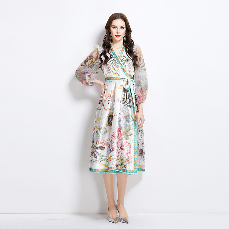 Cross-Border Export 2025 Spring New V Neck Ethnic Style Printed Satin Wrap Long Dress