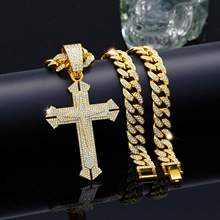亚马逊新款个性满钻十字架项链饰品男街头朋克嘻哈古巴链批发
