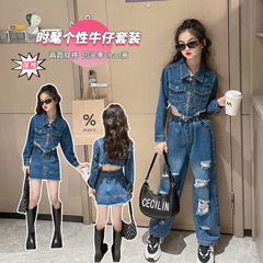 重工女童牛仔套裝2024春秋薄款時髦洋氣紐扣不規則牛仔服兒童潮