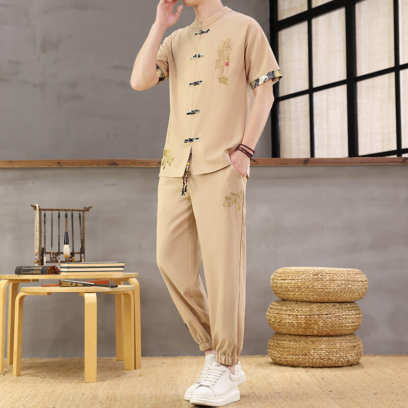 跨境Y8160中国风男装夏季冰丝短袖开衫男复古汉服套一件代发