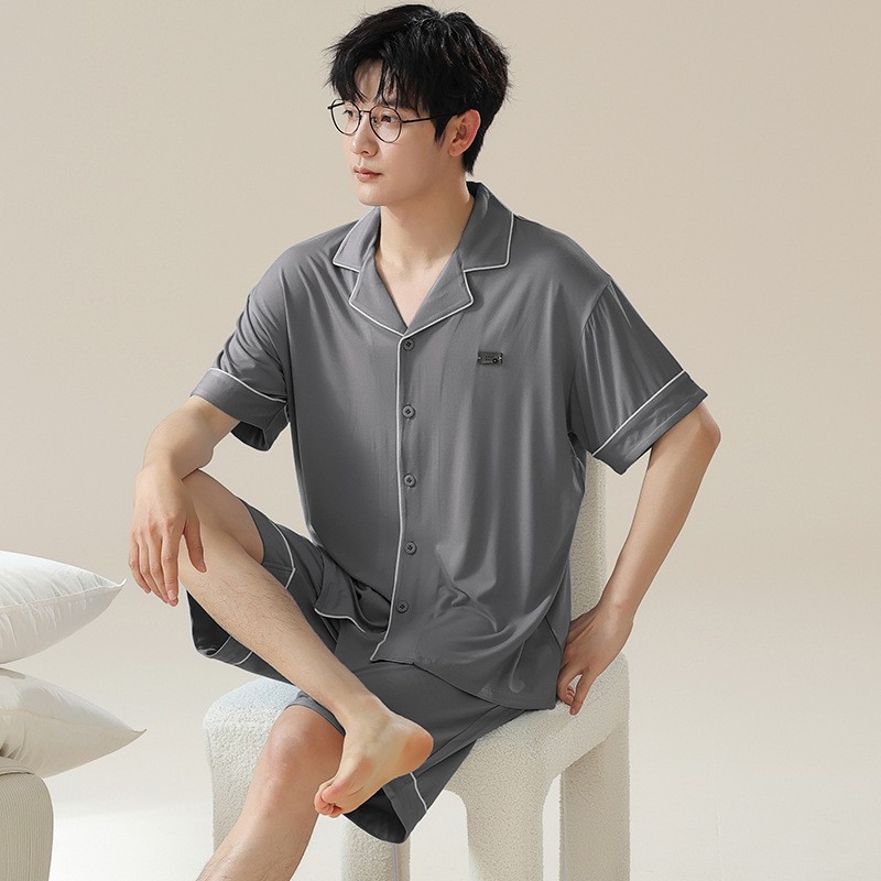 [쿨] 모달 파자마 남자 여름 얇은 카디건 짧은 소매 아이스 실크 간단한 캐주얼 여름 홈 의류