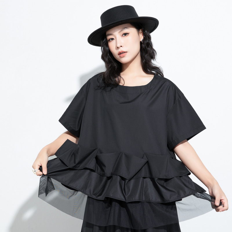 Japanese-Style Patchwork Ruffle Edge Women's Summer Dark Gothic Mesh Heavy-Duty Slimming Design Niche Short-Sleeve T-Shirt for Women Japanese-Style Patchwork Ruffle Edge Women's Summer Dark Gothic Mesh Heavy-Duty Slimming Design Niche Short-Sleeve T-Shirt for Women