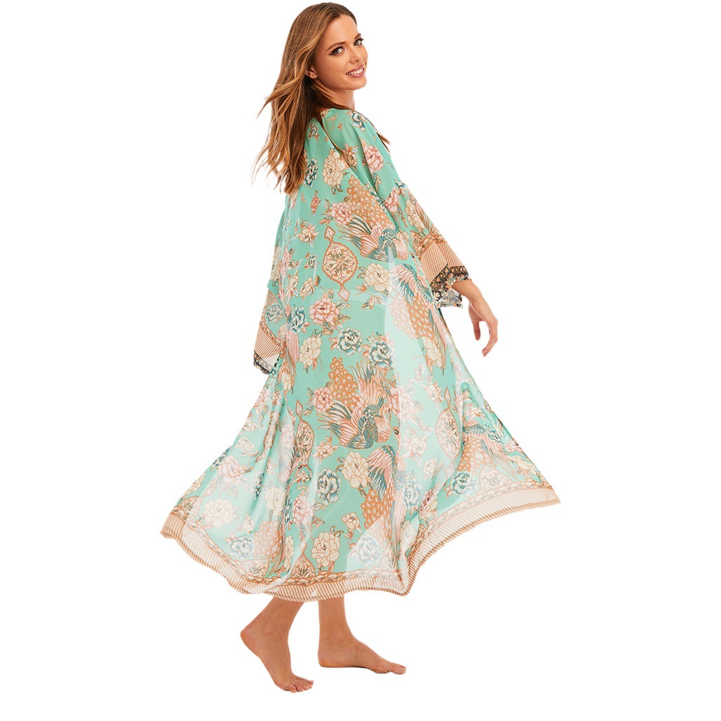 Blusa de la playa europea y americana chiffon impreso vacaciones cardigan playa falda bikini sol protección camisa traje de baño cubierta-up xf08