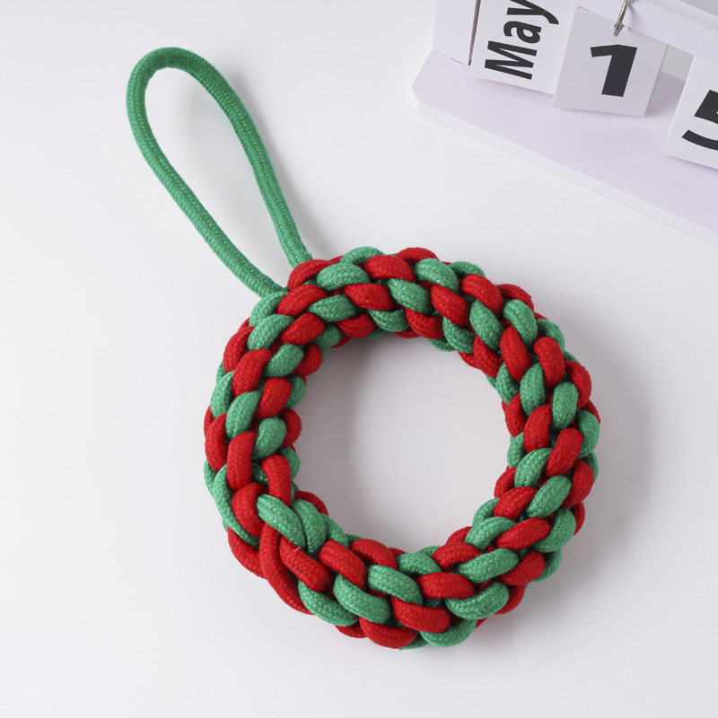 Juguetes para perros de gran venta transfronterizos, juego de juguetes de cuerda de algodón navideños para mascotas, juguete para la dentición, alivio del aburrimiento, juguete navideño con nudos resistentes a las mordidas.