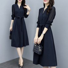 长袖雪纺连衣裙女2025春秋新款V领收腰系带显瘦法式优雅打底A字裙