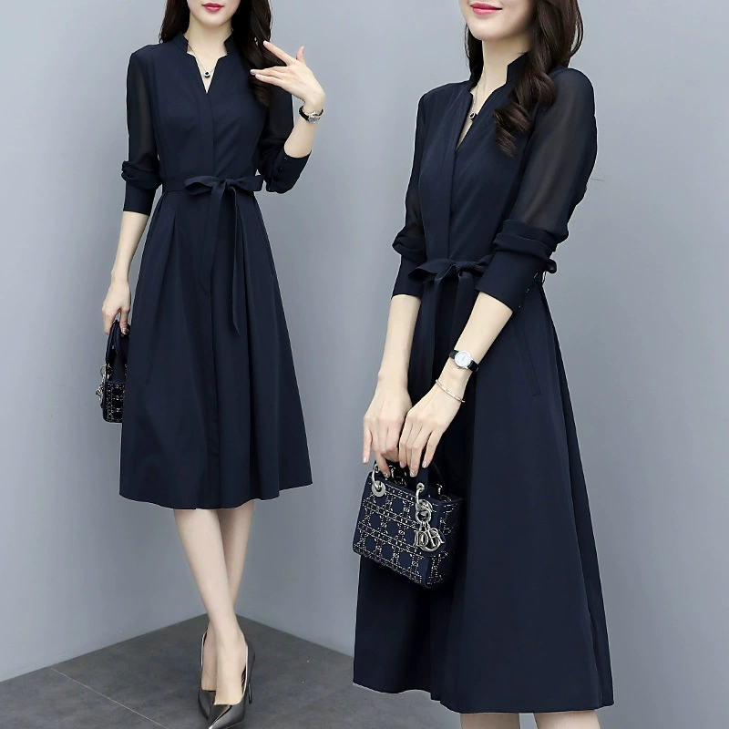 Шифоновое платье с длинными рукавами для женщин, весна-осень 2021, новинка, v-образный вырез, завязка на талии, утягивающий вид, французская элегантная нижняя юбка А-силуэта