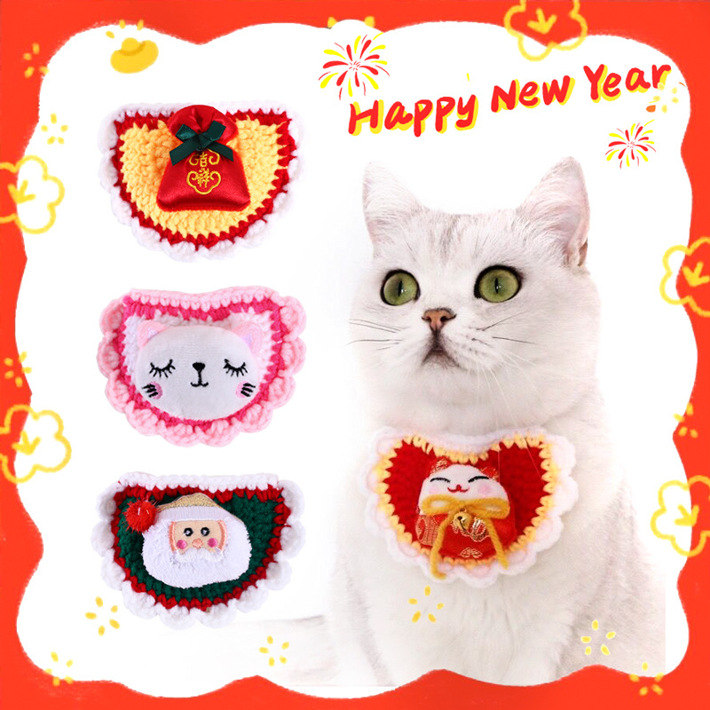 Mascota de punto Año Nuevo Navidad suerte bolsa dibujos animados babero gato perro conejo lana saliva toalla bufanda del Festival Primavera