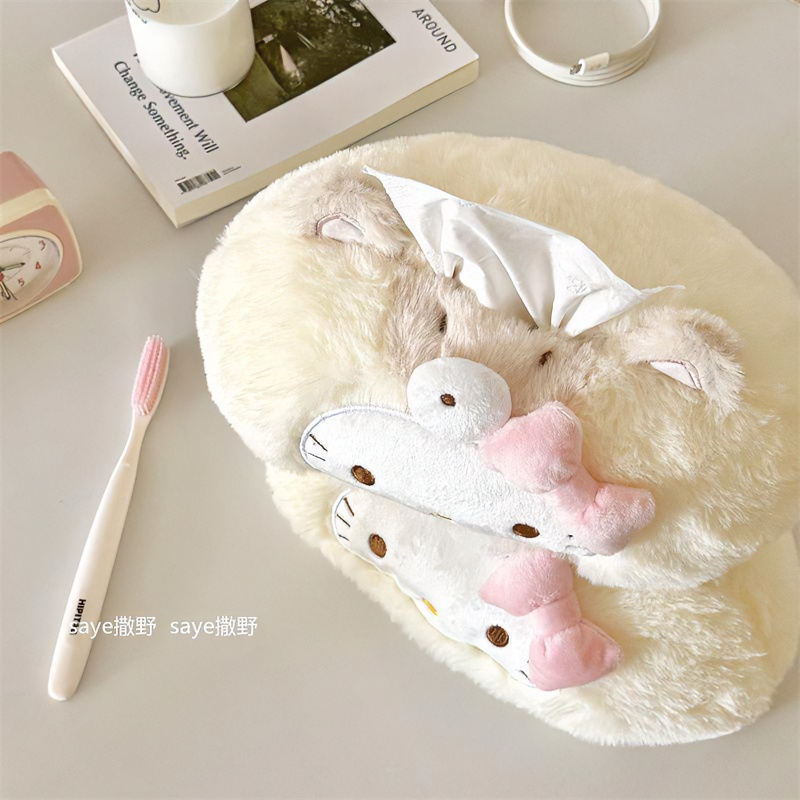 Cute kitty cream yellow plush tissue box for home use in the living room, bathroom, or car