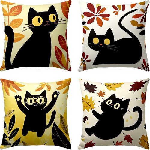 Cross-border best-selling abstract style cat and flowers single-sided printed pillowcase, dropshipping one piece