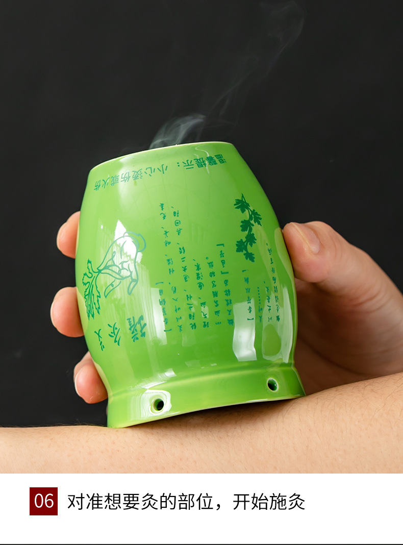 Ceramic Moxibustion Cup with Gua Sha Massage Beads Jade Green Wellness Tool with Dust Cover and Cloth Sleeve specifications