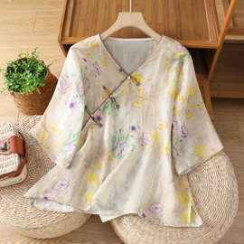 2025夏款复古民族风改良中式文艺印花宽松休闲茶服七分袖衬衫上衣