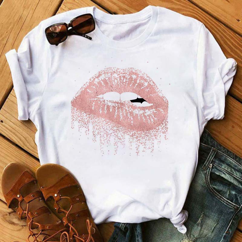 T-shirt Tops Type Daily Occasion Round Neck Neckline Wholesale Women'S Fashion Mouth Short Sleeve Printing T-Shirts