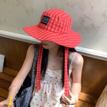 泰国博主同款复古格子渔夫帽女夏天出游度假宽边系带显脸小防晒帽