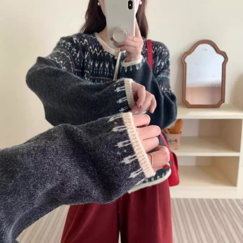 复古提花针织开衫女秋冬外搭2025新款宽松慵懒毛衣外套上衣|undefined