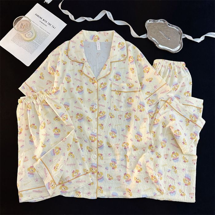 Verano transfronterizo nuevo estilo cómodo nube de algodón de tres piezas solapa pantalones cortos de manga corta pantalones ropa a domicilio traje de pijama de mujer