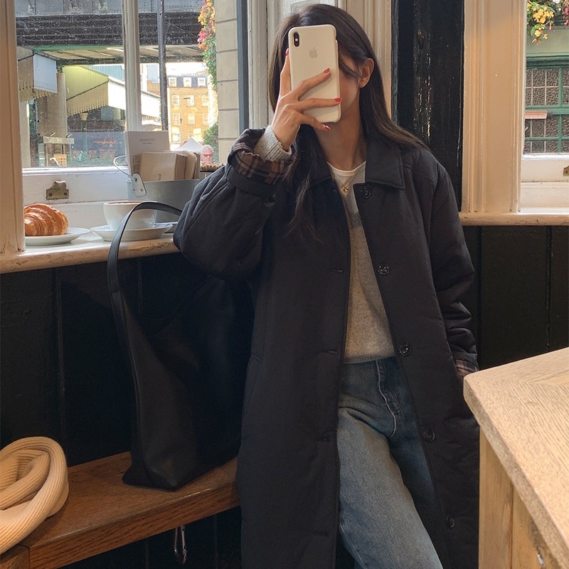 现货 感气质棉衣秋冬新款韩版宽松直筒中长过膝棉服大衣外套|undefined
