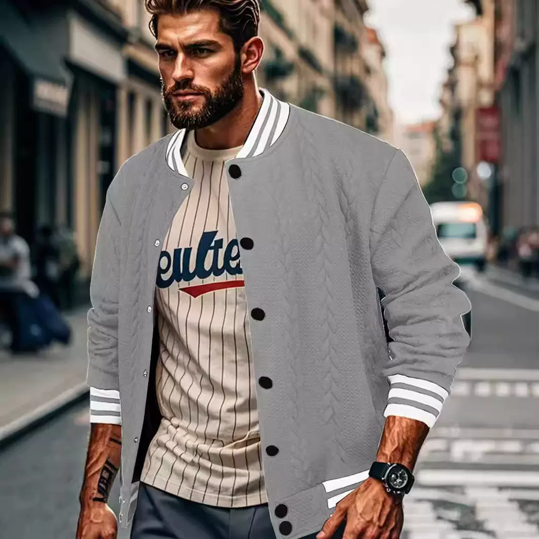 2025年TEMU春秋新款提花欧美排扣设计潮流时尚纯色男士开衫棒球服