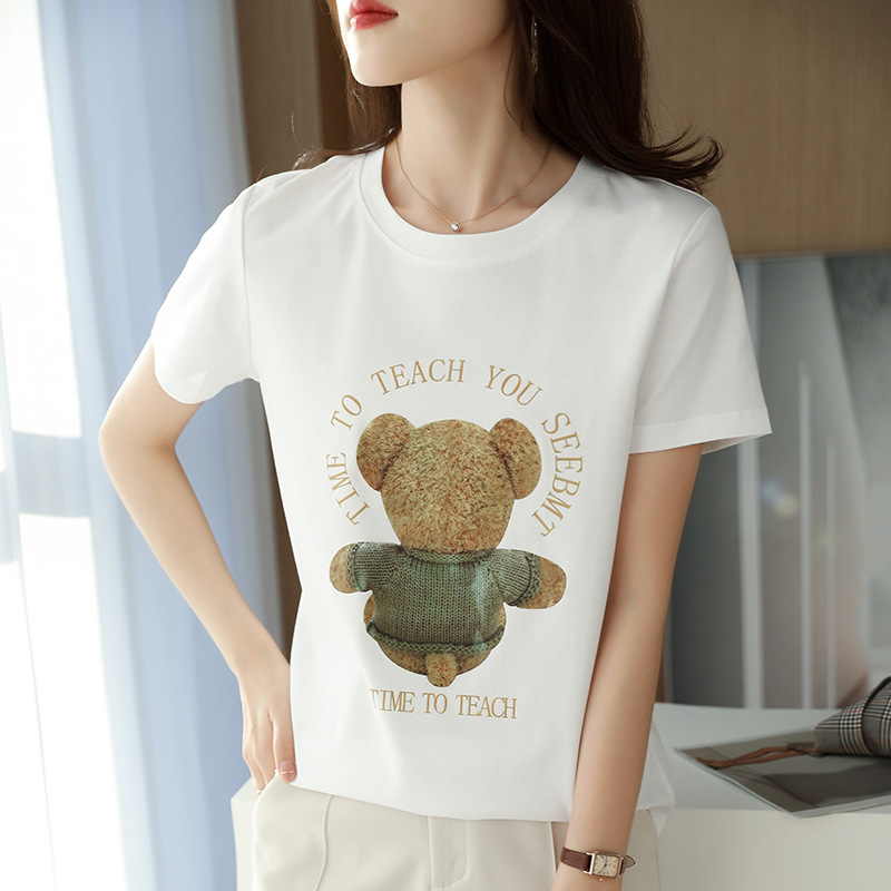 Fashionable round neck back bear printed cotton thread Women's loose casual age-reducing mercerized cotton new short sleeve t-shirt Fashionable round neck back bear printed cotton thread Women's loose casual age-reducing mercerized cotton new short sleeve t-shirt