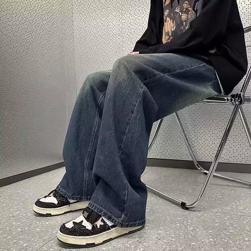Men's Spring and Autumn Washed Straight Leg Jeans, American Loose Wide Leg Casual Retro Streetwear Brand with Drape Floor-Length Pants