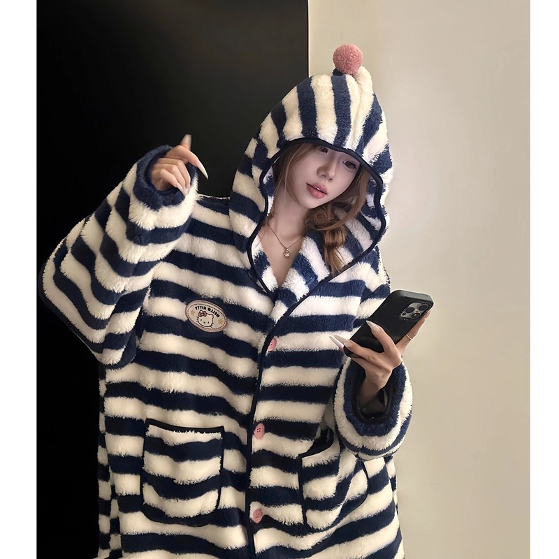 韩系条纹连帽珊瑚绒睡衣女冬季新款保暖加厚加厚毛绒睡袍家居服|undefined