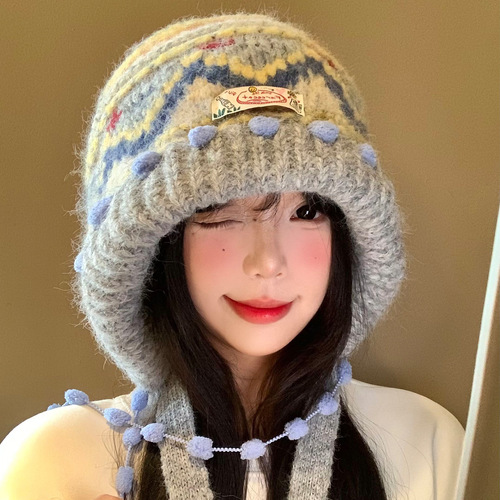Fair Isle Retro Knit Baraklava Hat for Women Autumn Winter Face-Smoothing Covering Hat Thick Warm Ear Protection Hat