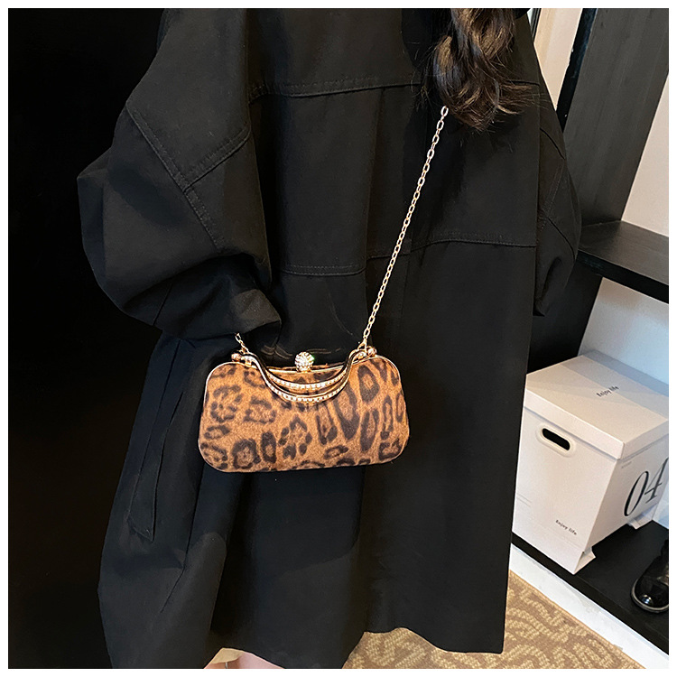 European and American style leopard print chain small square bag for women, 2024 new Korean style fashionable single-shoulder bag, flared crossbody dinner bag undefined