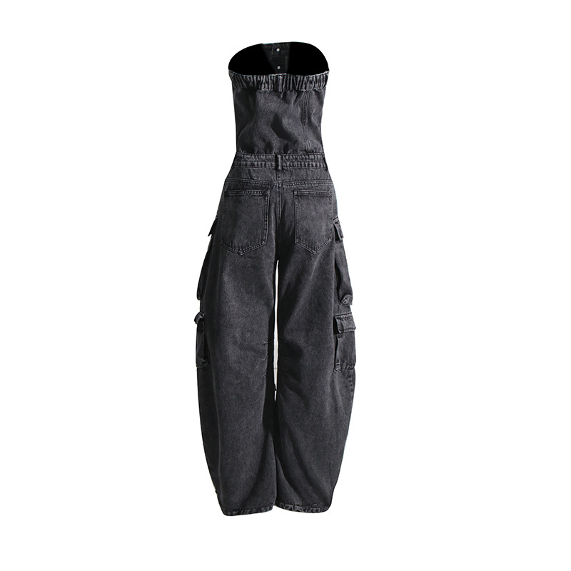 Women's Off The Shoulder Denim Overalls Punk Pockets