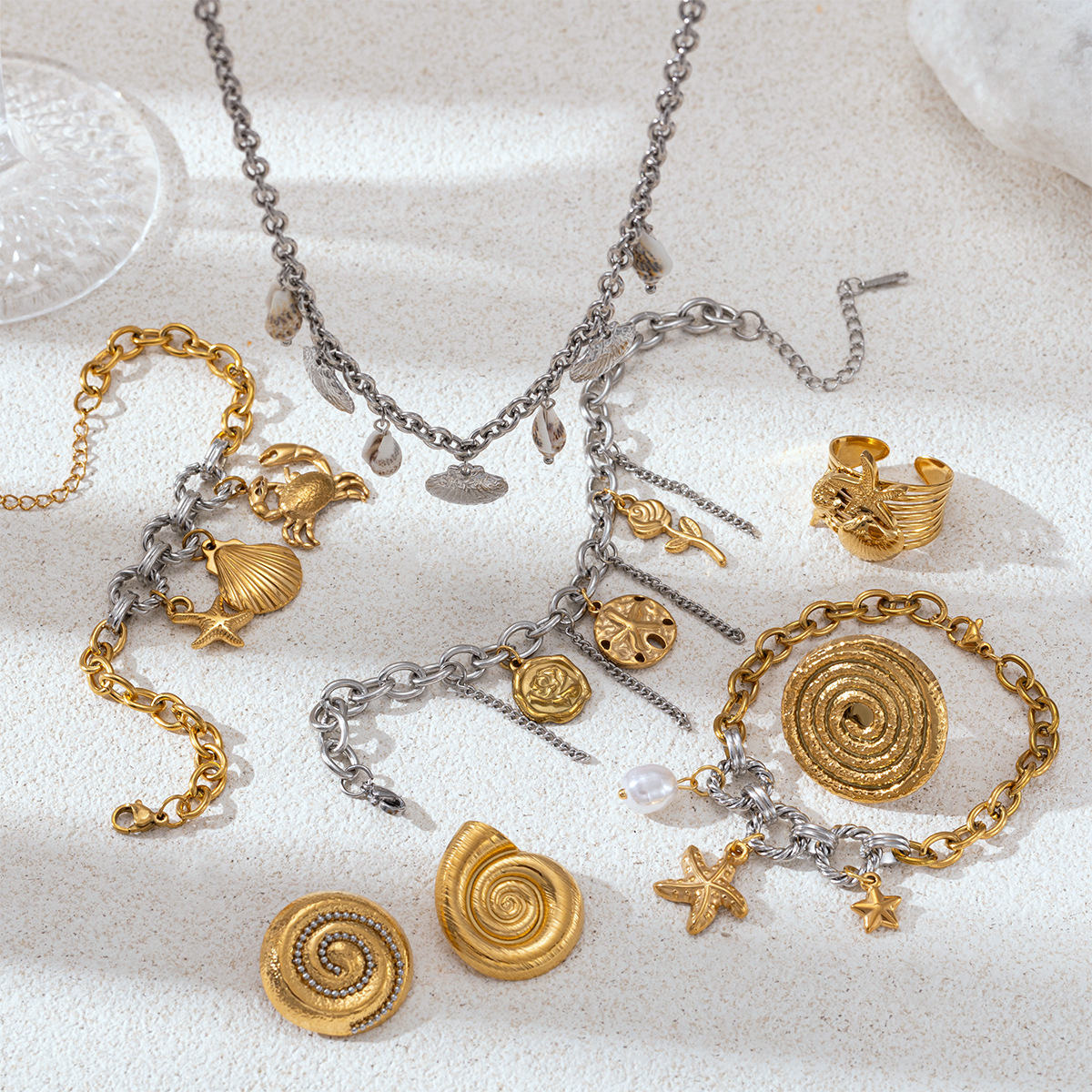 TENA Europa y América collar de acero inoxidable lujo ligero nicho oro y plata de dos colores mar playa viento conjunto de joyas productos de venta calientes