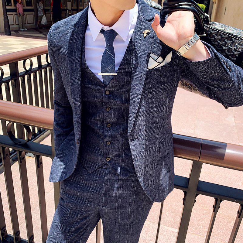 Men's Clothing Men's suit three piece trousers 2024 new plaid suit suit slim men's suit three piece suit_voghion.com
