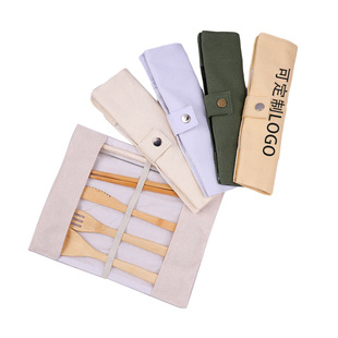 Bamboo Tableware Wholesale Canvas Bag Set Chopsticks Spoon Bamboo Tableware 6-piece Outdoor Tableware Storage Bag