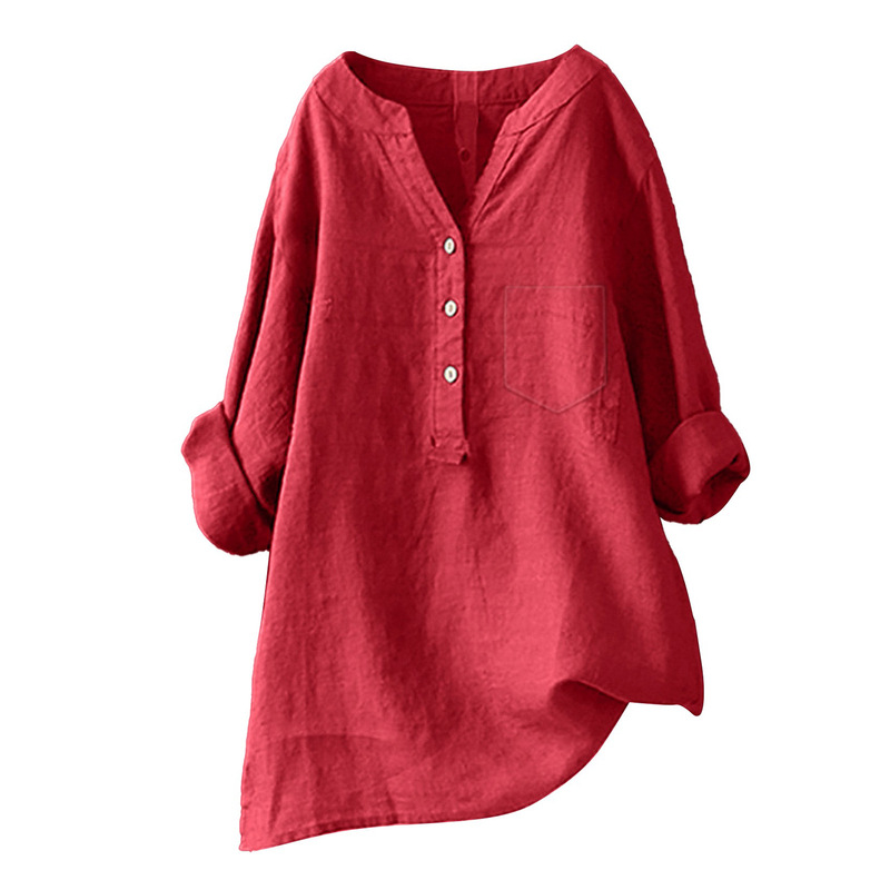 Ebay AliExpress European and American Loose Pure Color Cotton Linen Women's Solid Color Collar Button Long Sleeve Shirt Top