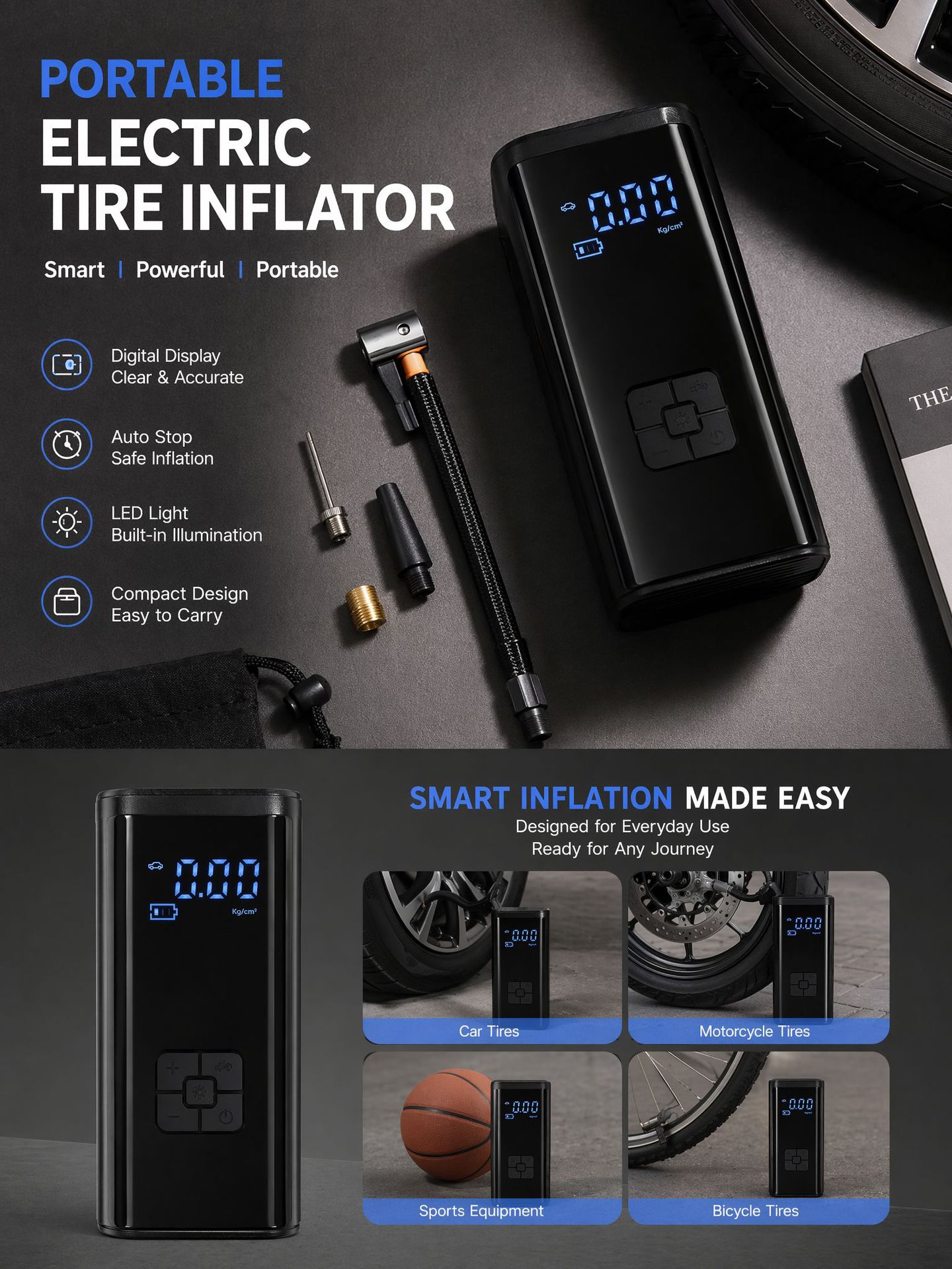 Car-Mounted Portable Electric Air Pump with Digital Display, Smart Car Tire Inflator, Electric Air Pump