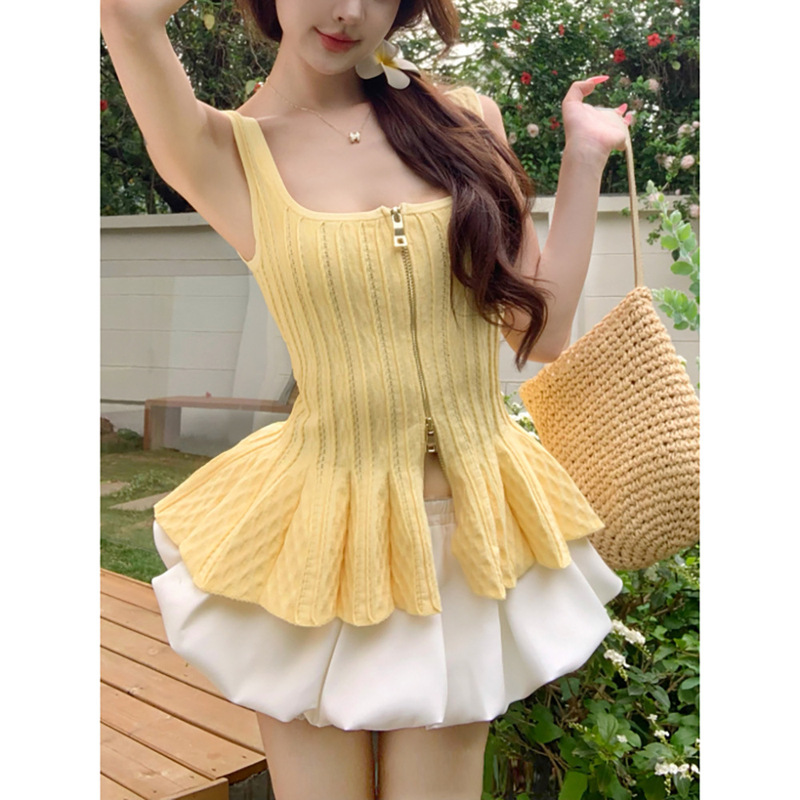 Ballet Style Skirt Double Zipper Knitted Suspender 2025 Summer Pure Lust Style Reversible Off-Shoulder Slimming Look Sexy Top Ballet Style Skirt Double Zipper Knitted Suspender 2025 Summer Pure Lust Style Reversible Off-Shoulder Slimming Look Sexy Top