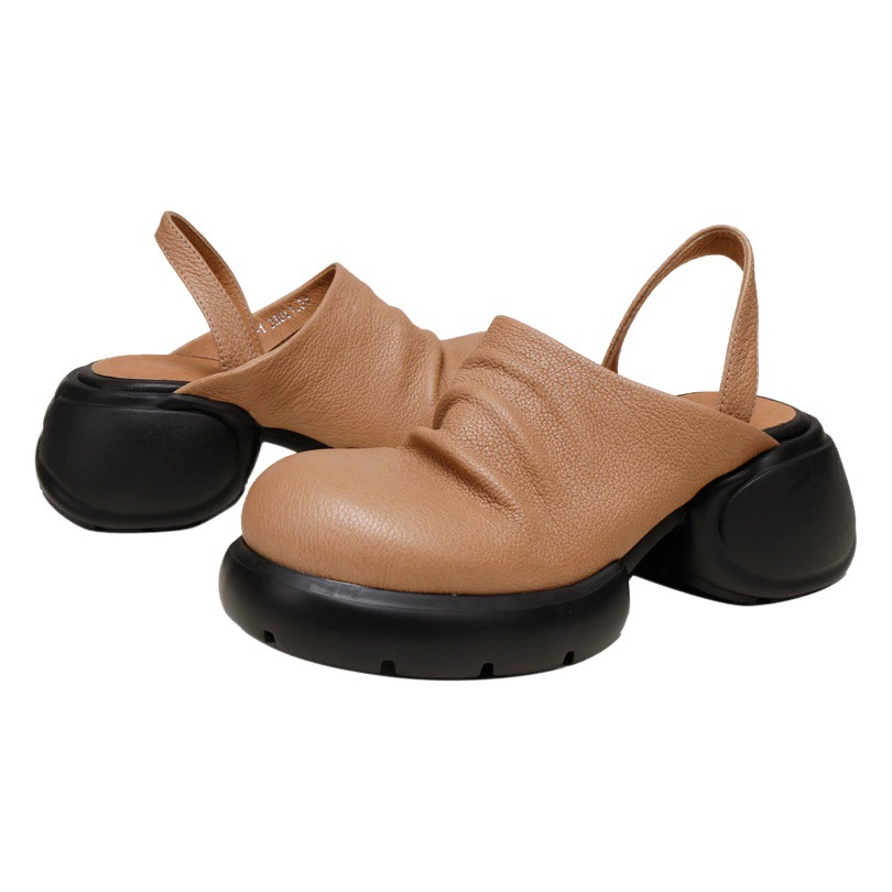 Туфли на толстой подошве с одним ремешком и обернутым носком назад к древнему 2024 году, весна-лето, Новая удобная кожаная обувь без шнуровки на массивном каблуке для женщин