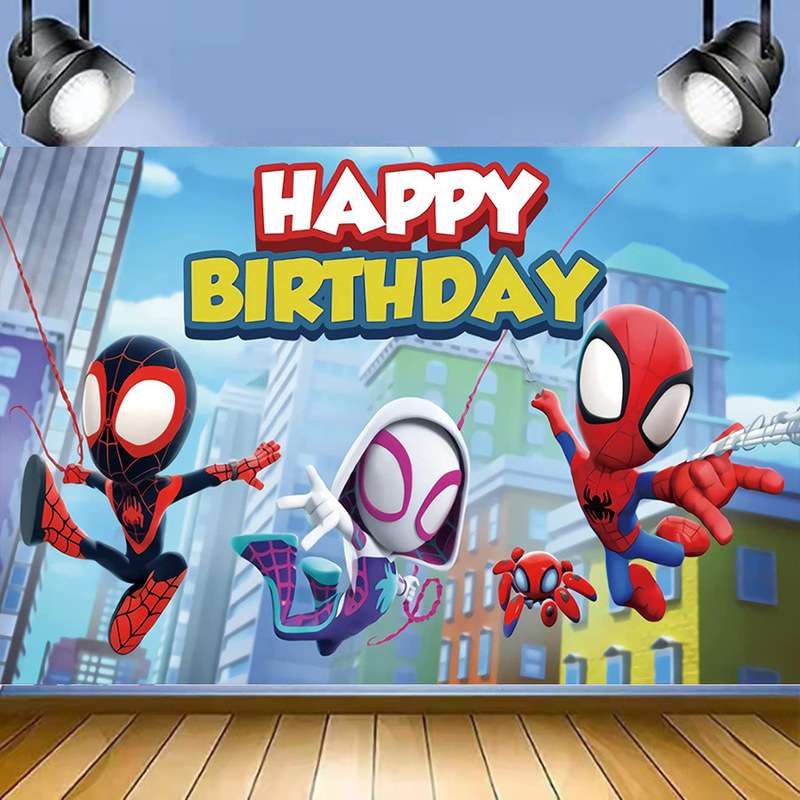 Cartoon Spider-man and Magical Friends Background Cloth Photography Children's Birthday Party Decoration Banner 5x3ft