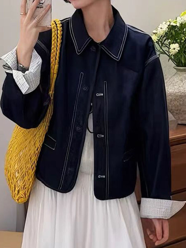 港风格子拼接娃娃领牛仔外套女短款2025春秋季小个子休闲立领上衣|undefined
