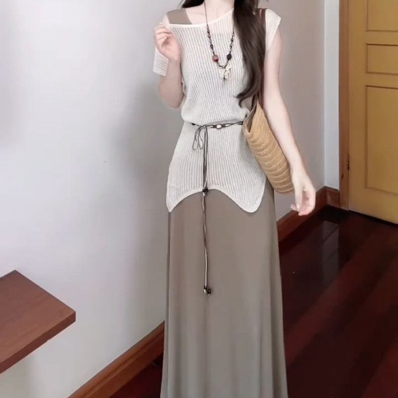 慵懒韩系时尚套装女夏新款防晒宽松针织罩衫显瘦背心连衣裙两件套|undefined