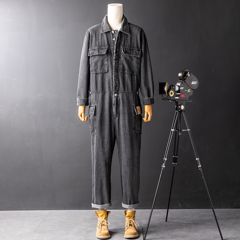 Multi-Pocket Cargo Jumpsuit Men's Trendy Brand Straight Loose One-Piece Jumpsuit Men's Retro Denim Pants Trendy