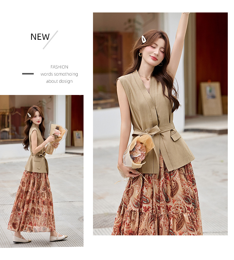 Bộ váy hai mảnh gồm áo vest không tay cổ V và chân váy midi họa tiết hoa, phong cách kỳ nghỉ — màu trắng, màu kaki, màu cà phê chi tiết 30
