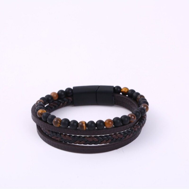 Amazon Explosive Natural Tiger Eye Beaded Men's Bracelet Hand-woven Multi-layer Leather Bracelet in stock Wholesale Amazon Explosive Natural Tiger Eye Beaded Men's Bracelet Hand-woven Multi-layer Leather Bracelet in stock Wholesale