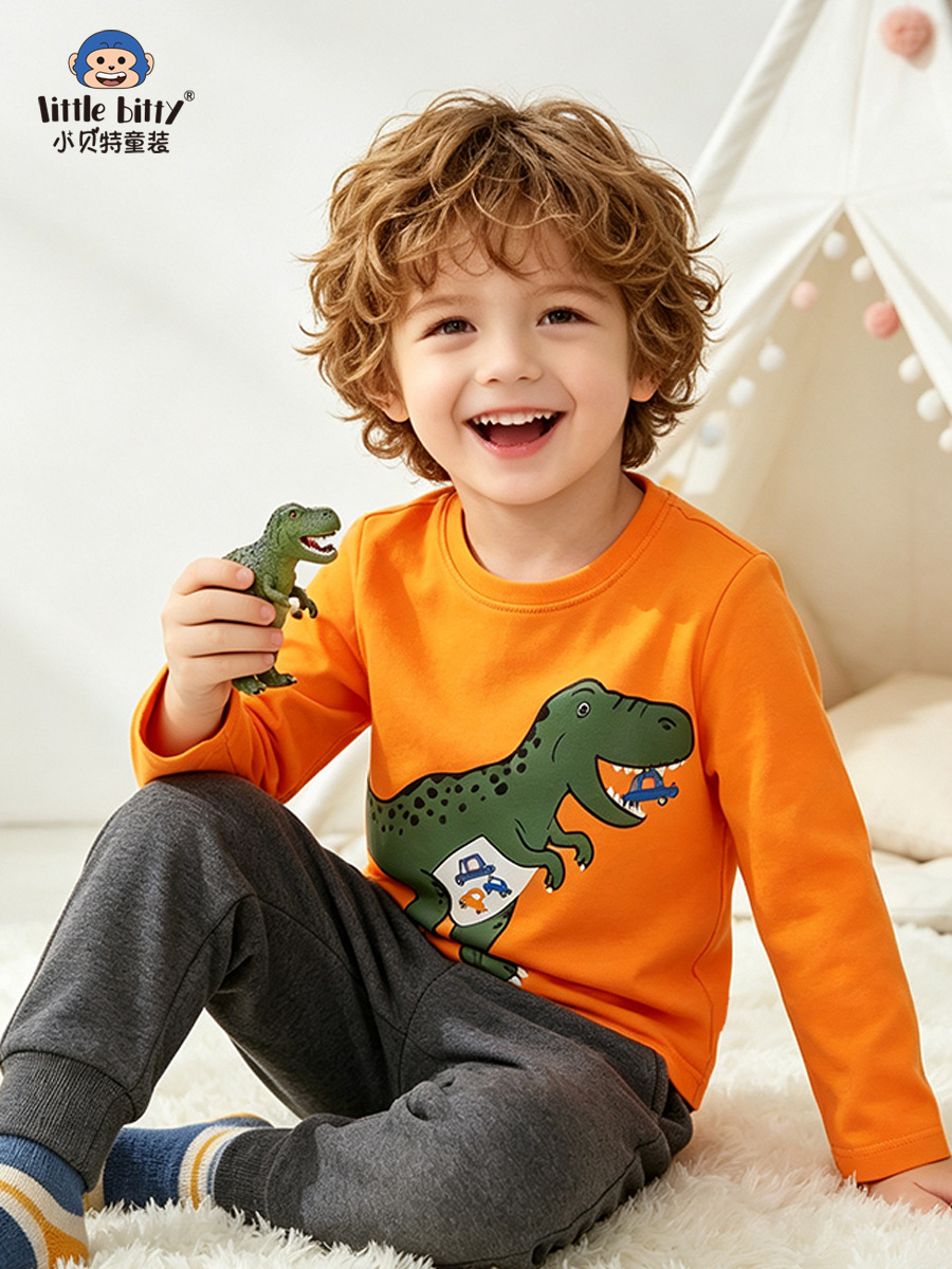 Cross-border children's clothing: 26-year-old children's long-sleeve T-shirt with cartoon dinosaur print, round neck, casual top for toddlers, in-stock apparel