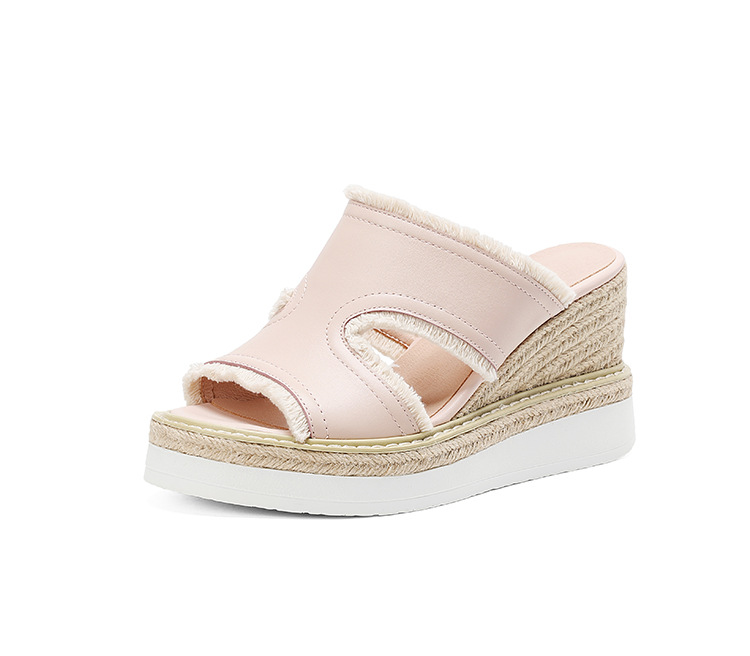 Dép sandal nữ quai ngang đế cao bện rơm mũi hở gót 9 cm — màu be, màu hồng nhạt chi tiết 17