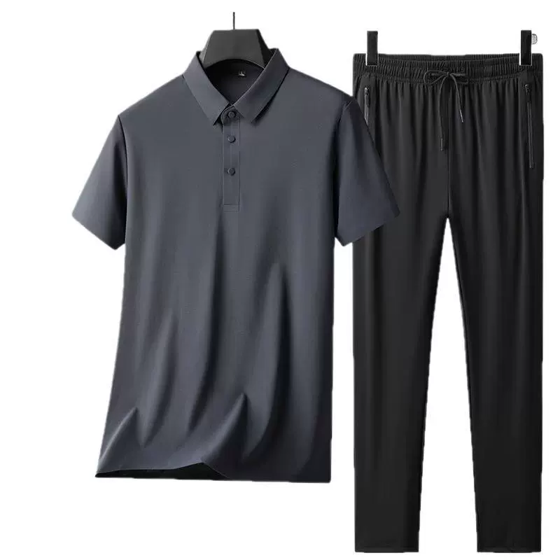 Мужской костюм из ледяного шелка для папы среднего и пожилого возраста, мужская футболка с короткими рукавами, летняя мужская рубашка-поло, повседневные брюки, комплект из двух предметов