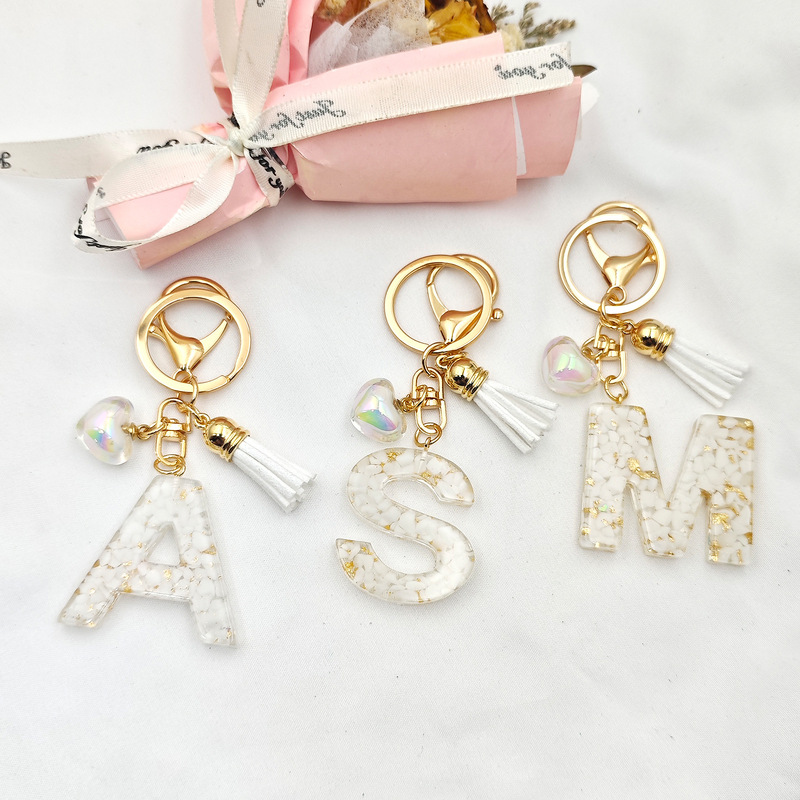 Cross-Border Pure White Shell Stone Love Tassel Letter Keychain Women's Bag Pendant Gift Set Accessories