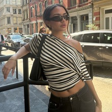 欧美ins风女装2025秋季新品美式复古斜肩条纹收腰显瘦T恤上衣