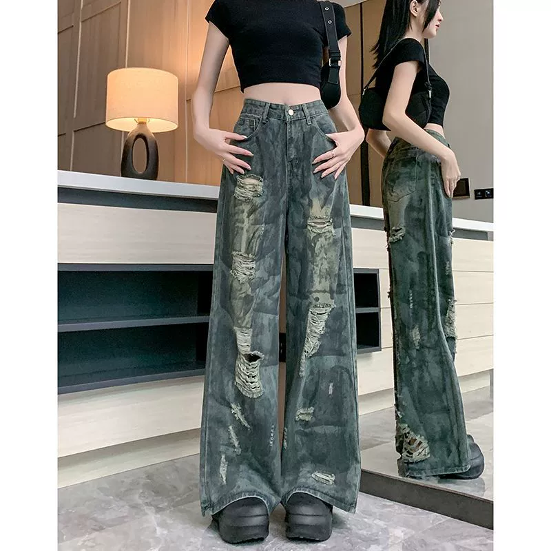 Американские рваные джинсы для горячих девушек, уличный дизайн, ретро, ​​свободные ленивые широкие брюки, джазовые танцы