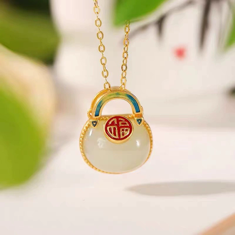 Pendant jade, necklace, longevity lock, four-leaf clover