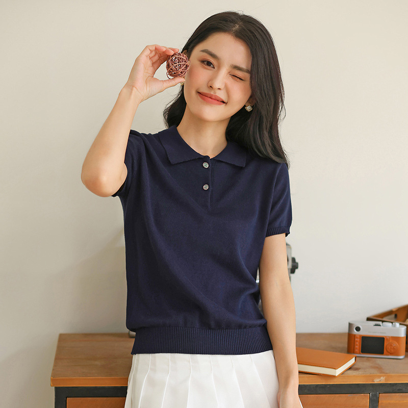 Spring and summer new solid color cotton POLO collar half sleeve women's basic simple all-match casual bottoming sweater vest T-shirt Spring and summer new solid color cotton POLO collar half sleeve women's basic simple all-match casual bottoming sweater vest T-shirt