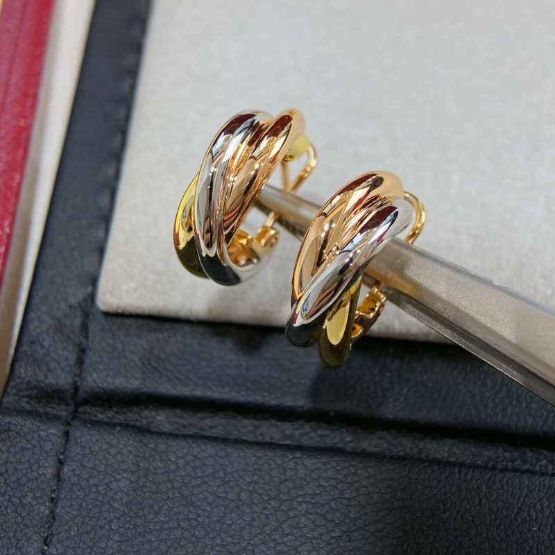 High-End Classic Trinity Three-Color Three-Ring Glossy Small Circle Interwoven Twist Silver-Plated 8K Earrings for Women