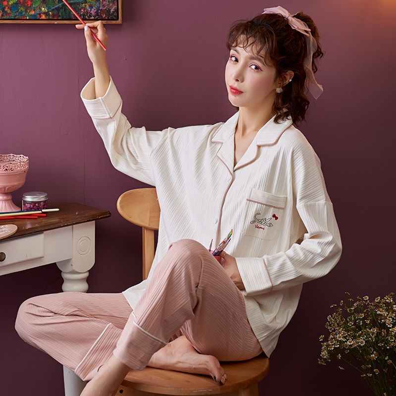 Pijamas para mujeres Primavera y otoño nuevo traje % algodón solapa de manga larga ropa al aire libre para estudiantes Otoño e Invierno ropa para el hogar